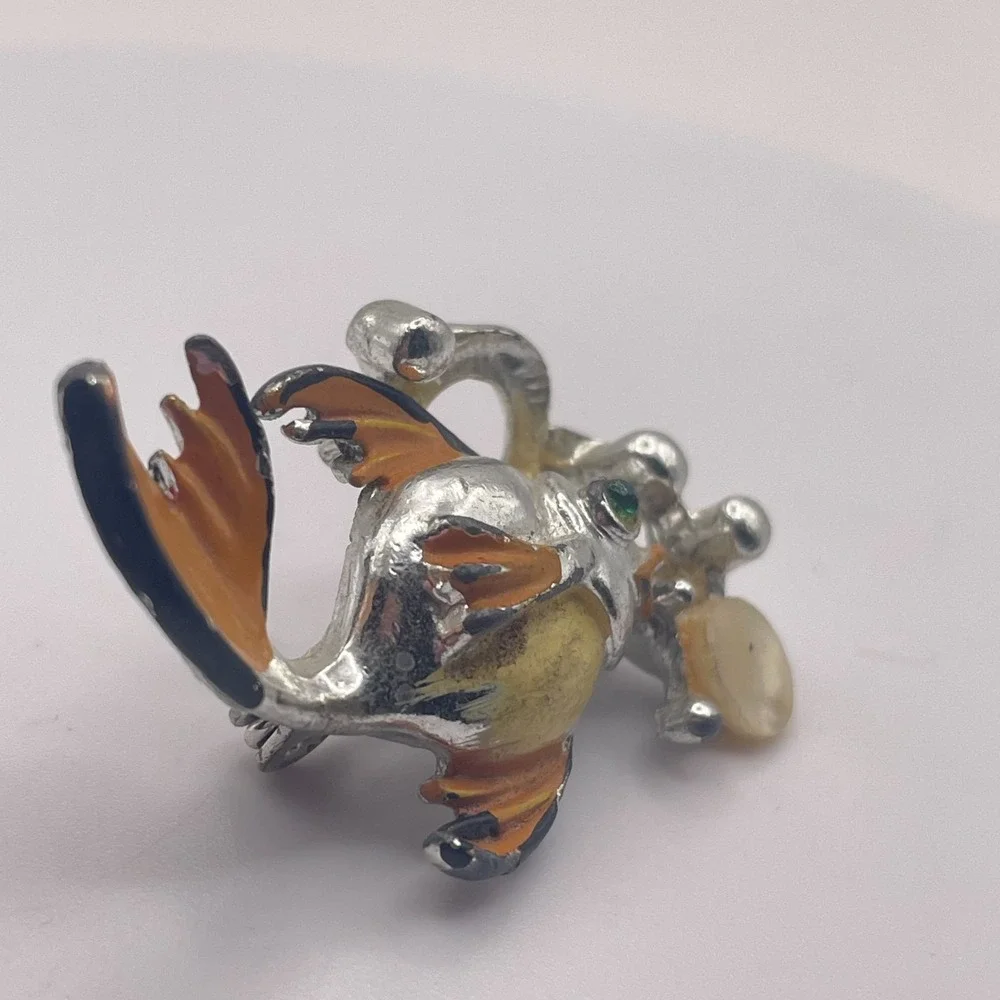 Vintage Silver Tone Enamel Fish Brooch Green Rhinestone Eye Bubble Pin 70s